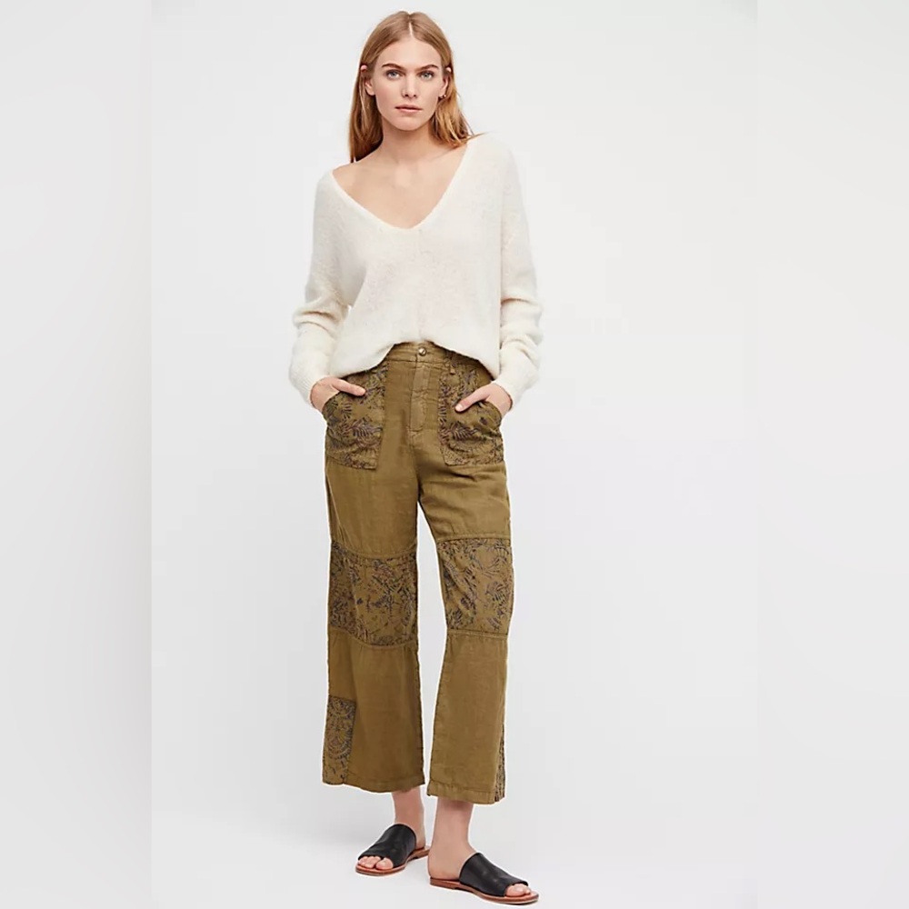 Free People Issa Cargo Pants Linen in Olive Green Bohemian Pattern - Size US 12 - Picture 16 of 16